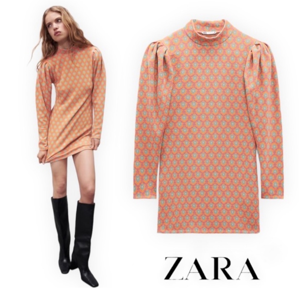 NWT Zara 60s mock turtleneck floral knit dress